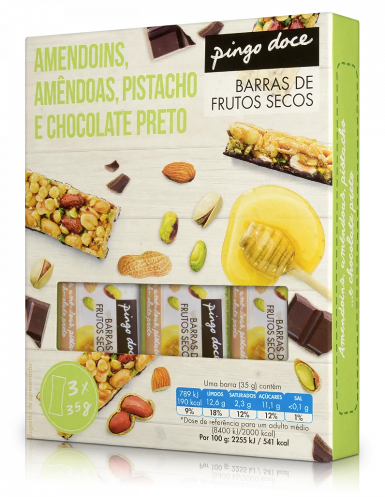 Barras de Amendoins, Amêndoas, Pistáchio e Chocolate Preto