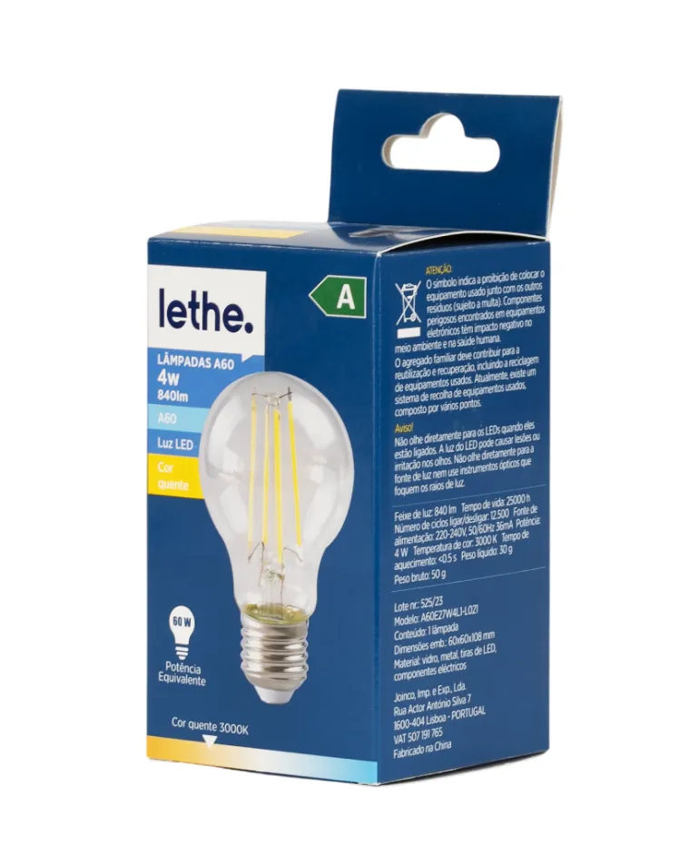 Lâmpada LED Fil A604W E27 840LM 3000K Lethe